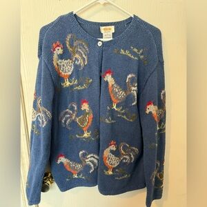 Blue Rooster Pattern Cardigan Sweater